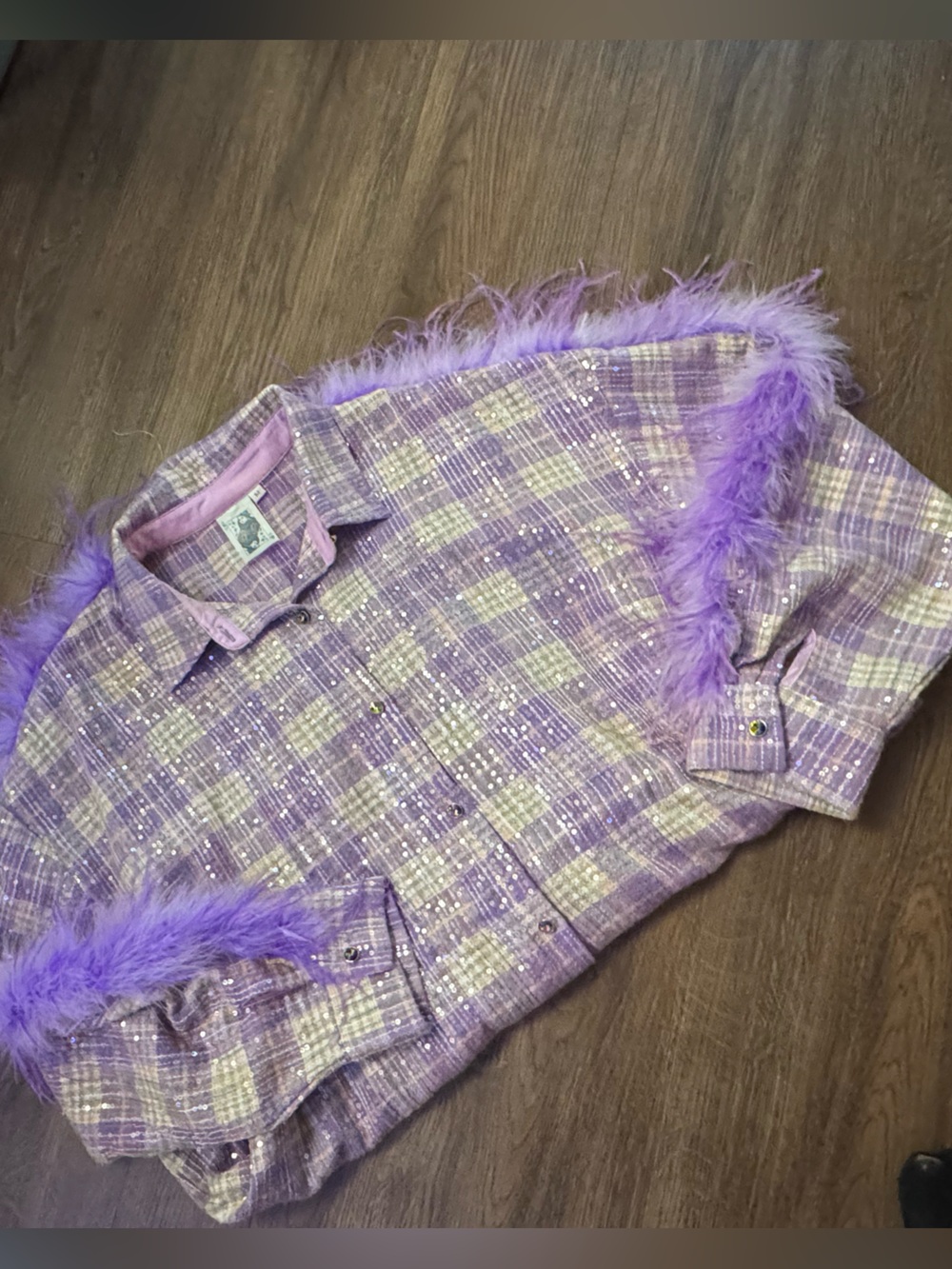 QUEEN OF SPARKLES Lavender Plaid Shift Dress with Pink Feather Trim - Picture 3 of 3